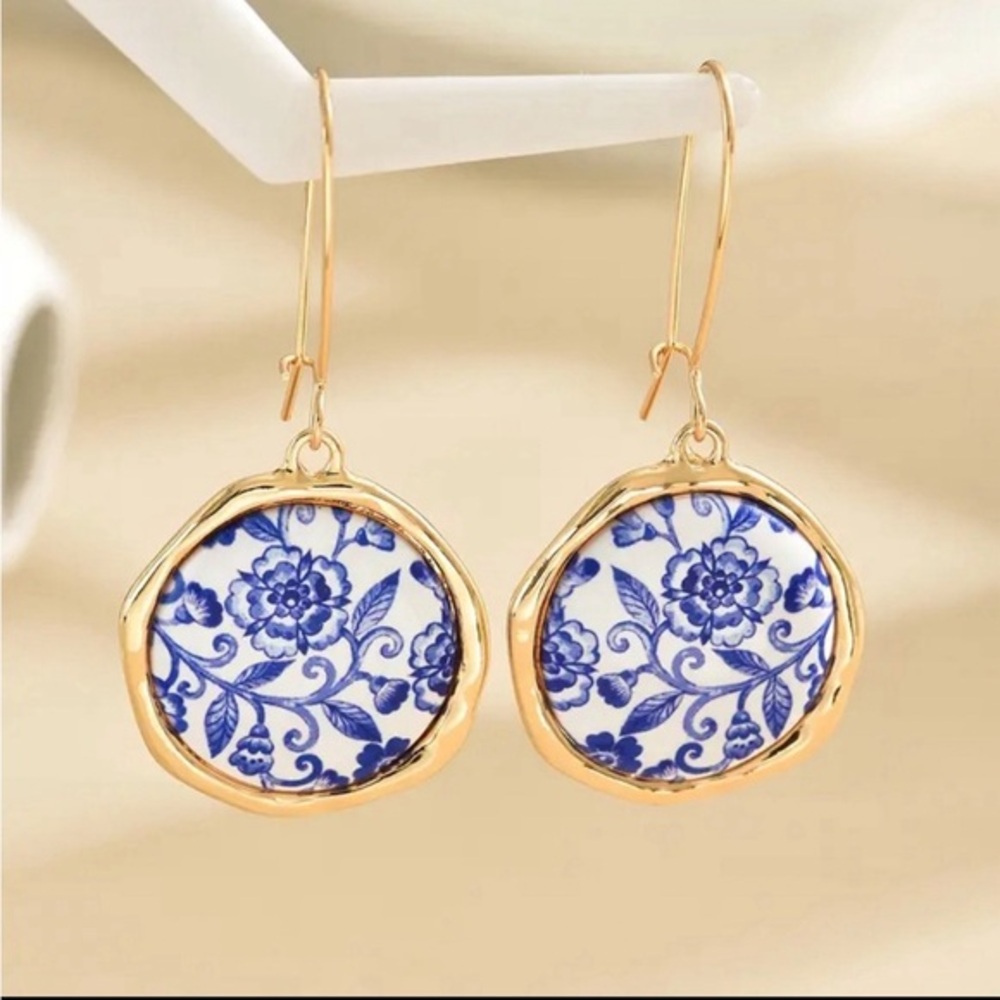 Vintage Blue and White Porcelain Floral Dangle Earrings